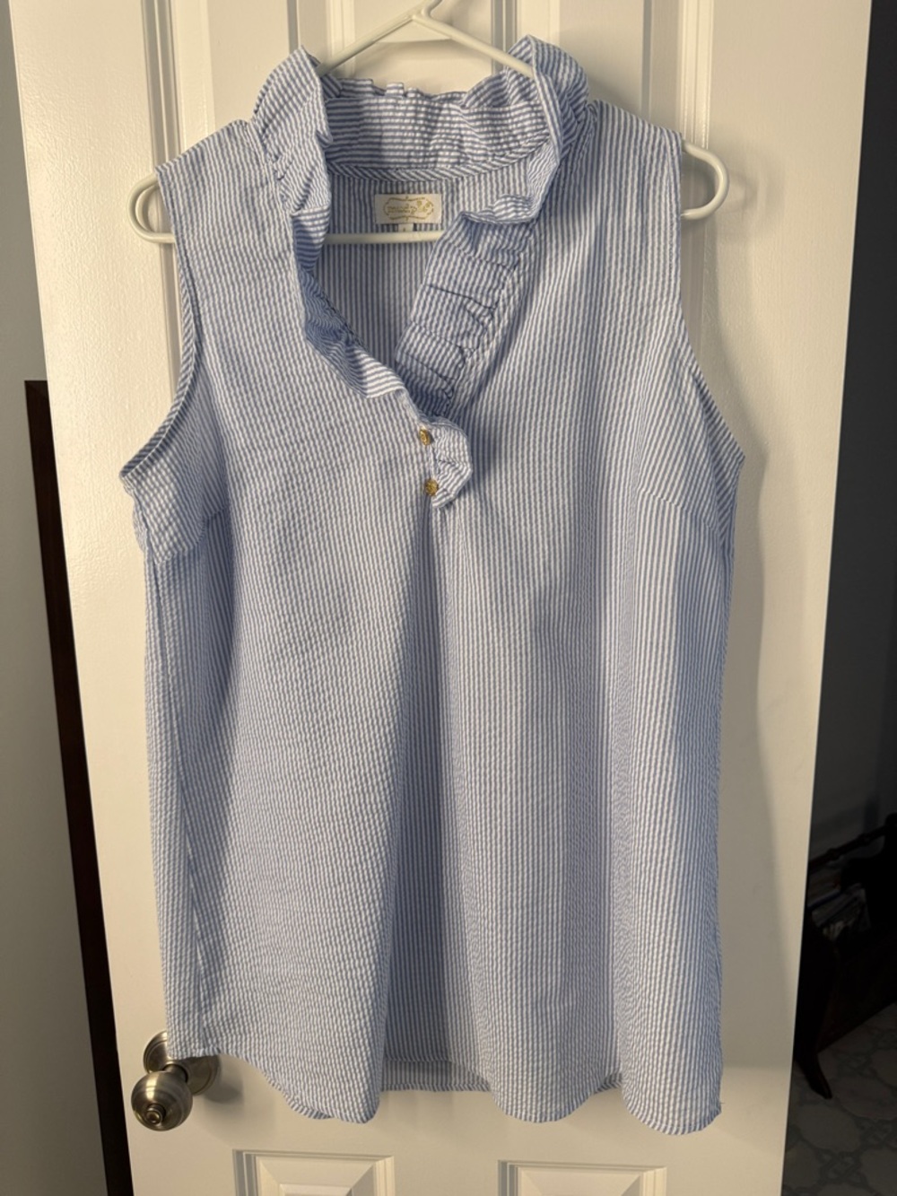 Mud Pie Light Blue & White Seersucker Ruffle Neck Sleeveless Tunic